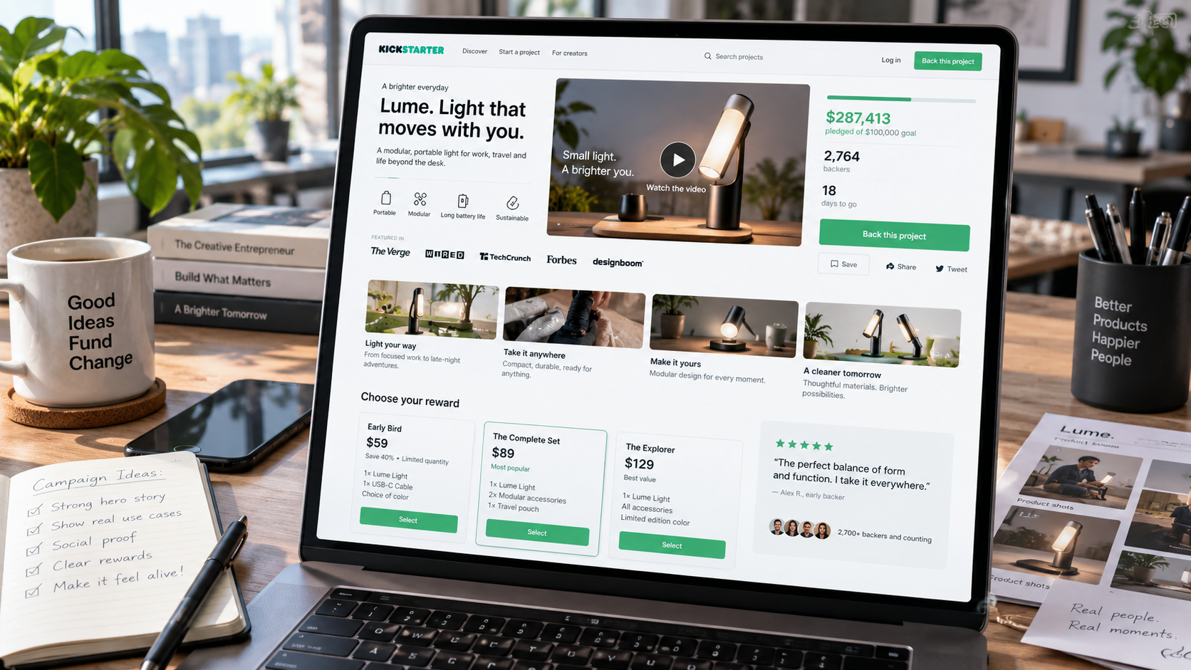Kickstarter campaign page design for a portable light with product video, benefits, social proof and reward tiers