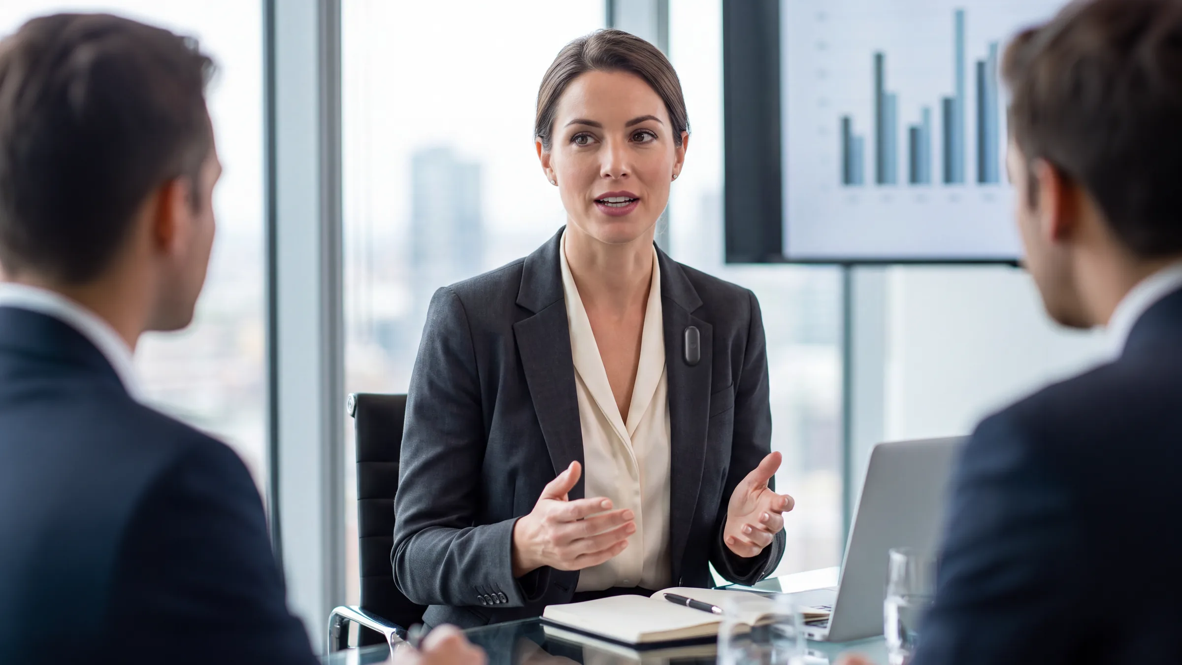 Professional wearing SILO AI as a pendant during a business meeting – lifestyle CGI