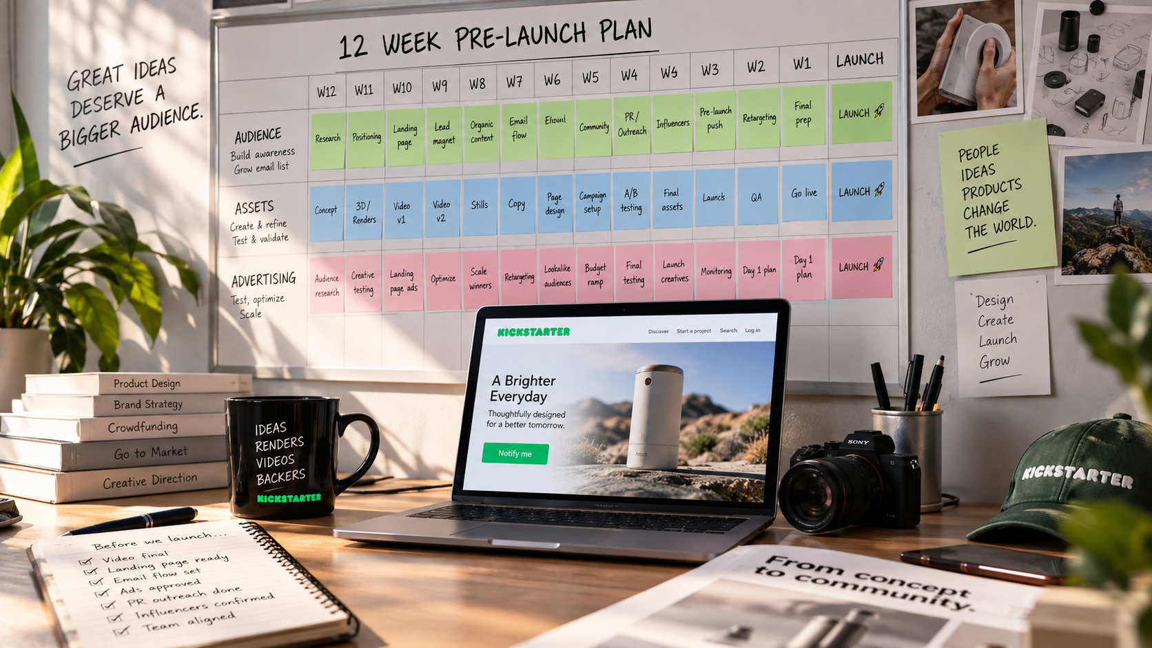 Kickstarter pre-launch planning workspace with a twelve-week campaign timeline, product visuals and launch checklist