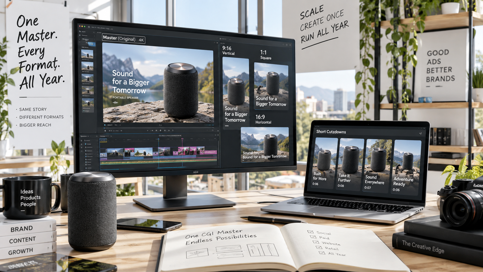 One CGI product video master adapted into vertical, square, horizontal and short social ad formats