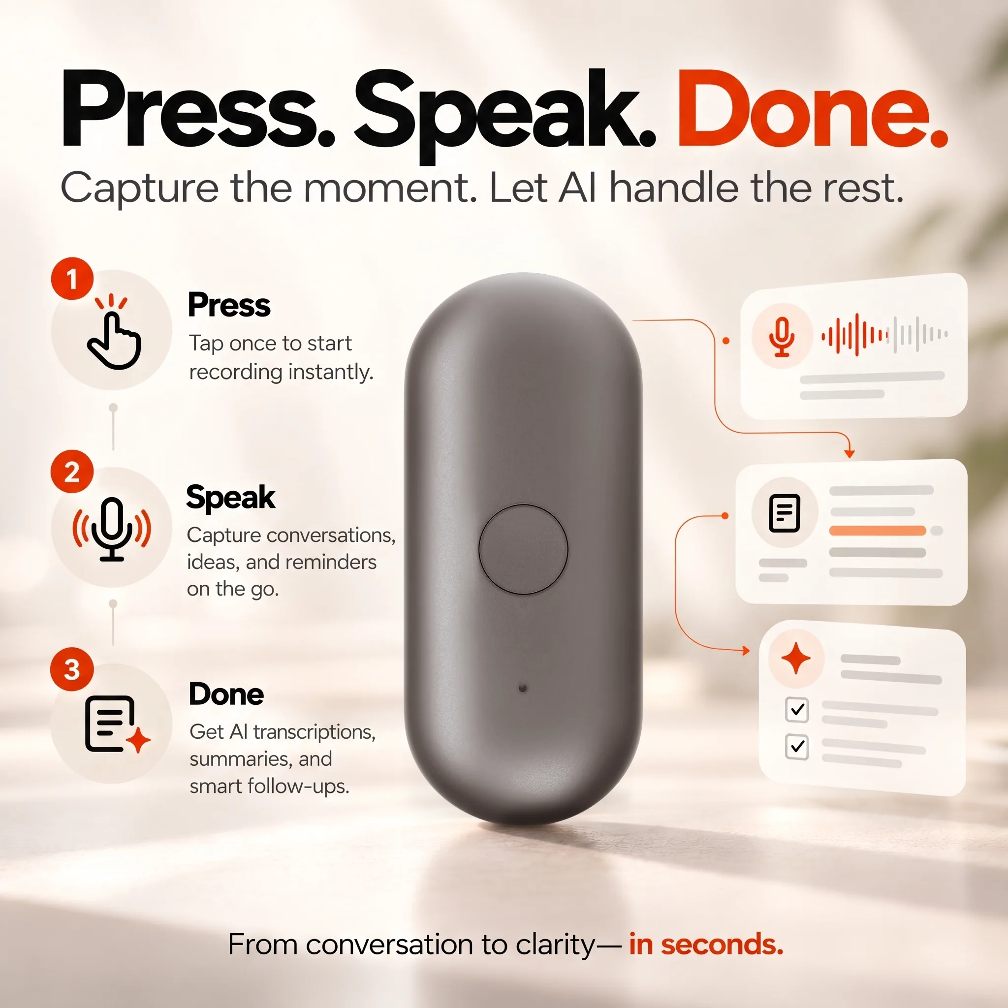 SILO AI "Press. Speak. Done." ad explaining recording, AI transcription and summaries