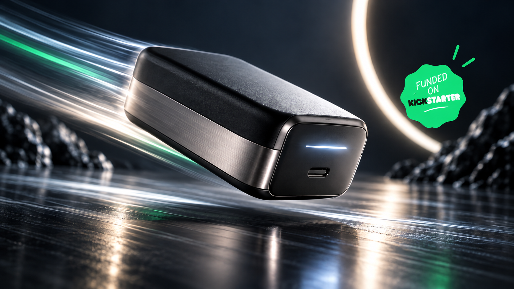 Kickstarter launch video hero frame showing a consumer product in motion on a cinematic dark set