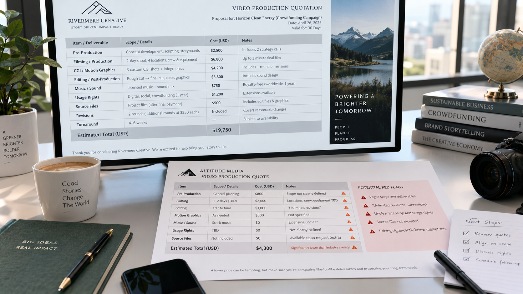Kickstarter video production quote comparison showing deliverables, revisions, usage rights and pricing red flags