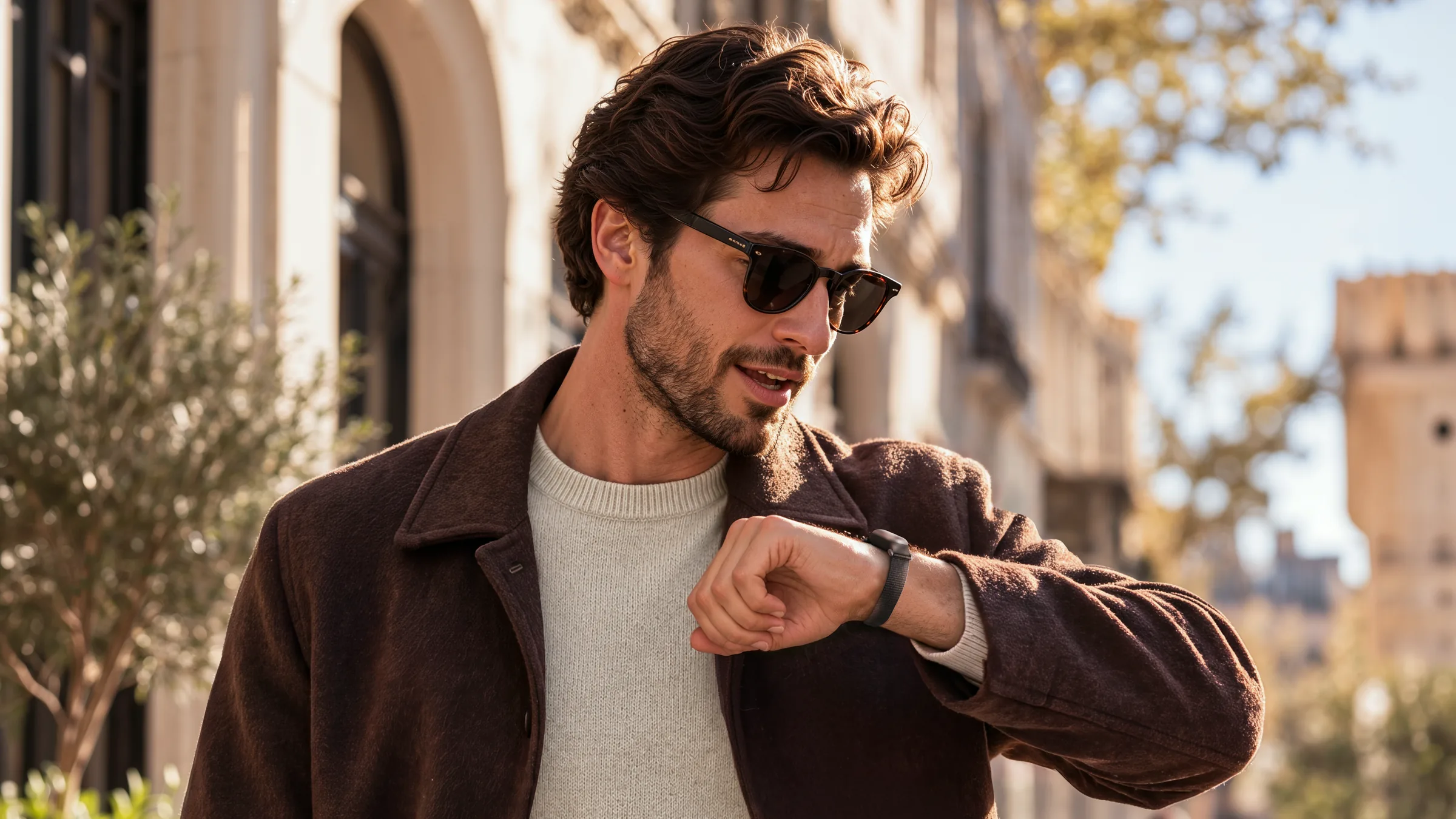Man checking SILO AI on his wrist in a sunny city street – lifestyle CGI by IAS Creative