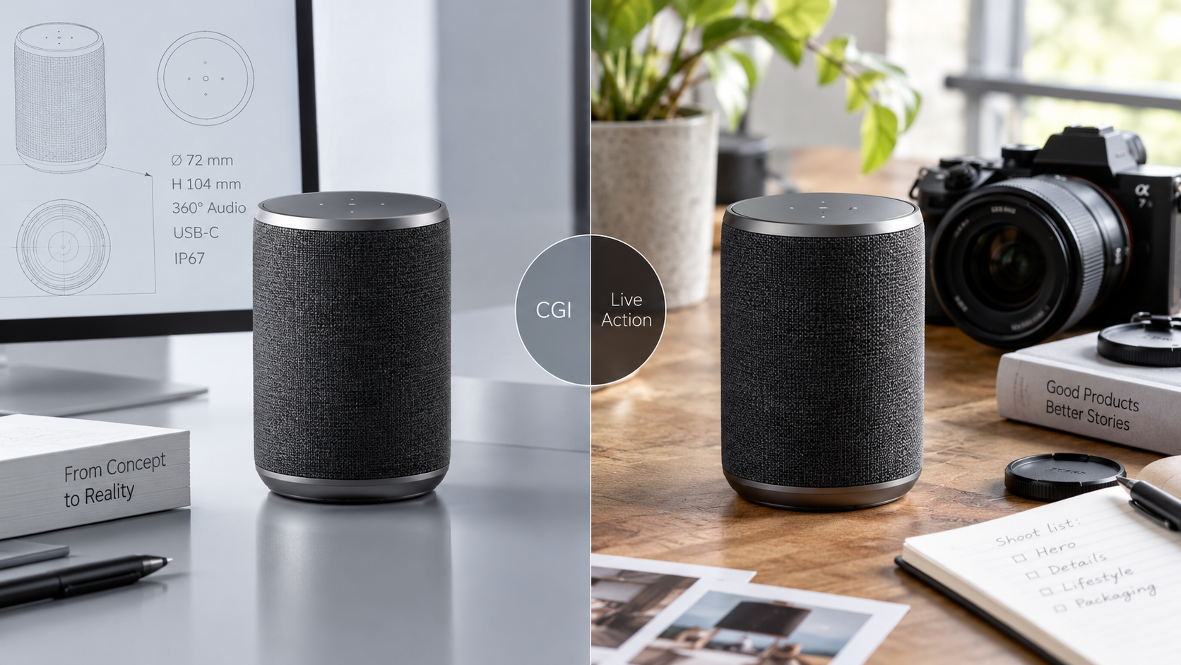 Side-by-side CGI render and live-action product shot of the same smart speaker