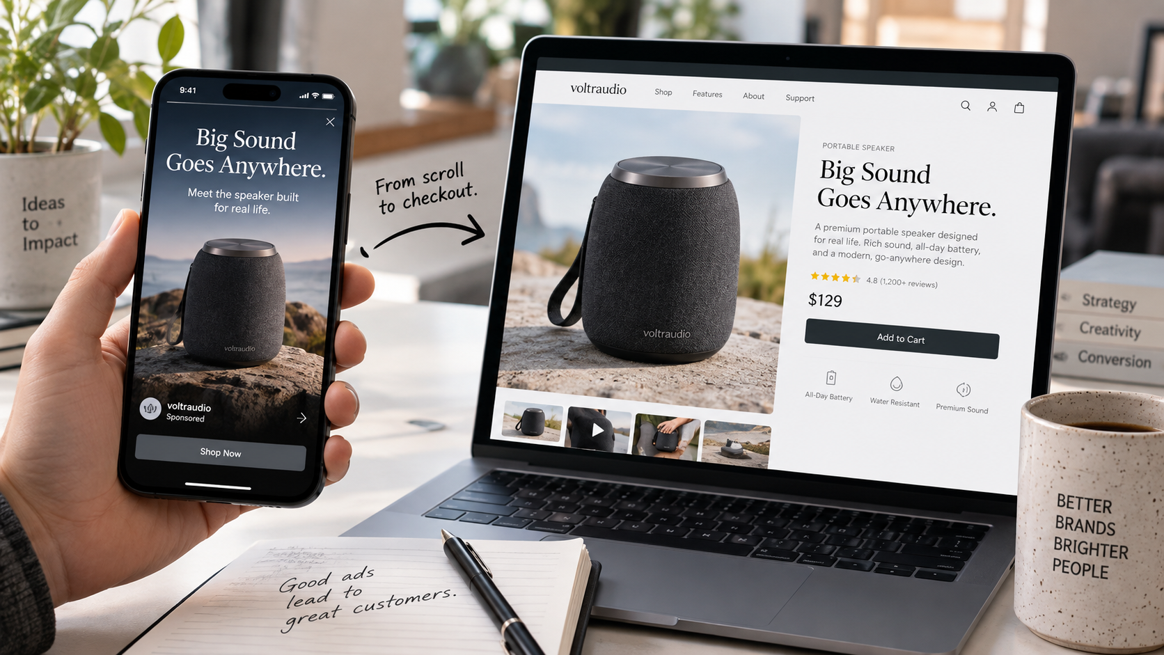 Mobile product video advertisement connected to a matching ecommerce product page and checkout journey