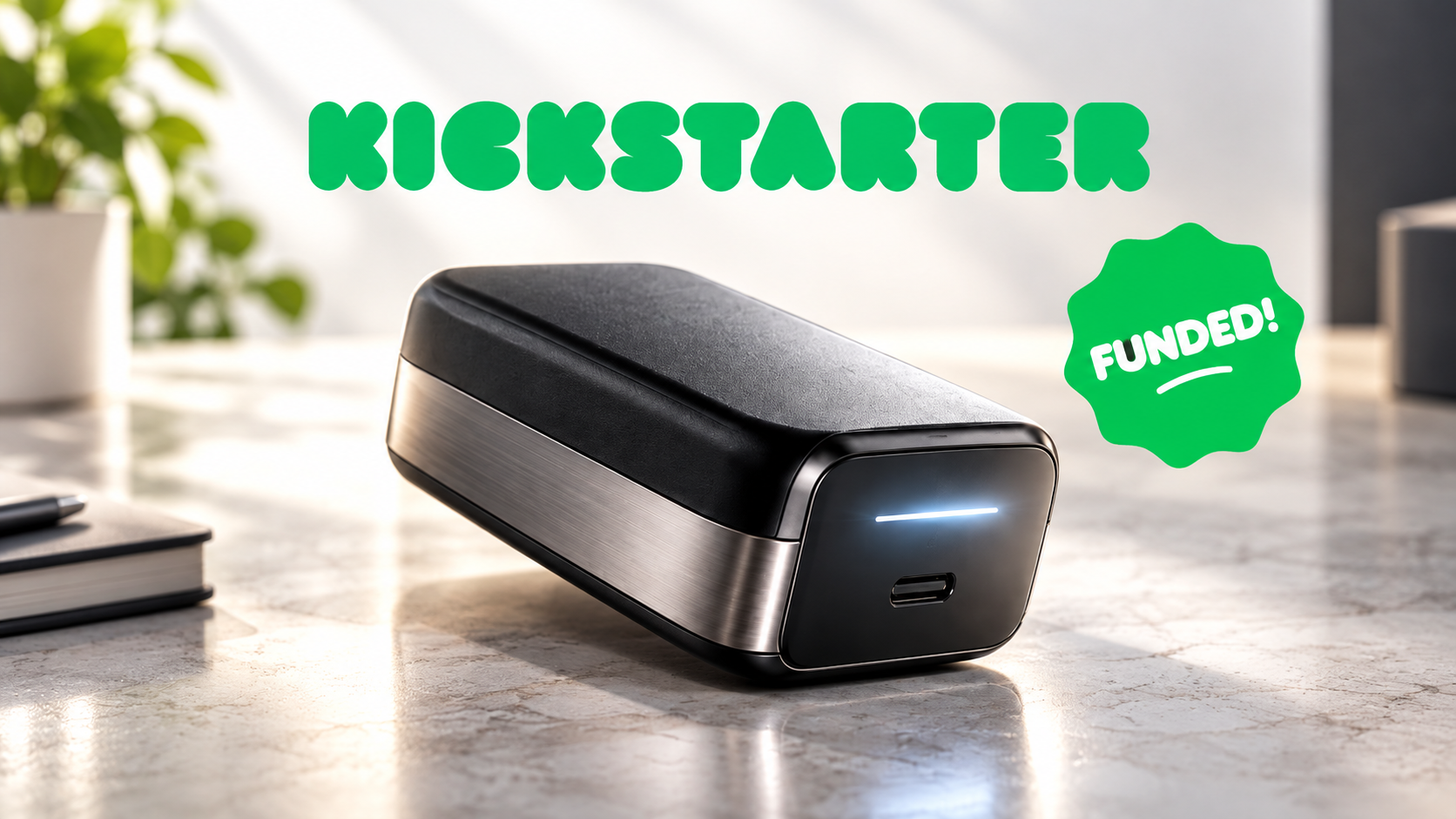 Kickstarter campaign video thumbnail with a clearly lit product and funded badge