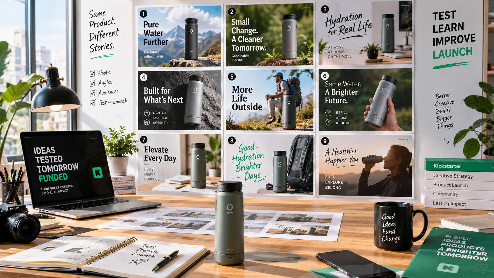Nine product ad creative variants prepared for crowdfunding pre-launch testing