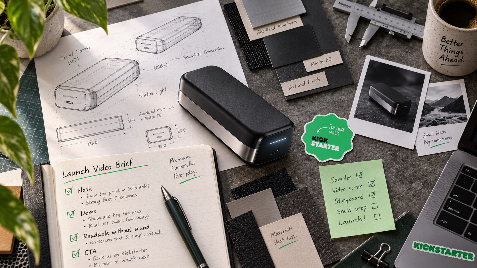 Crowdfunding video production brief with CAD drawings, product sample and material references