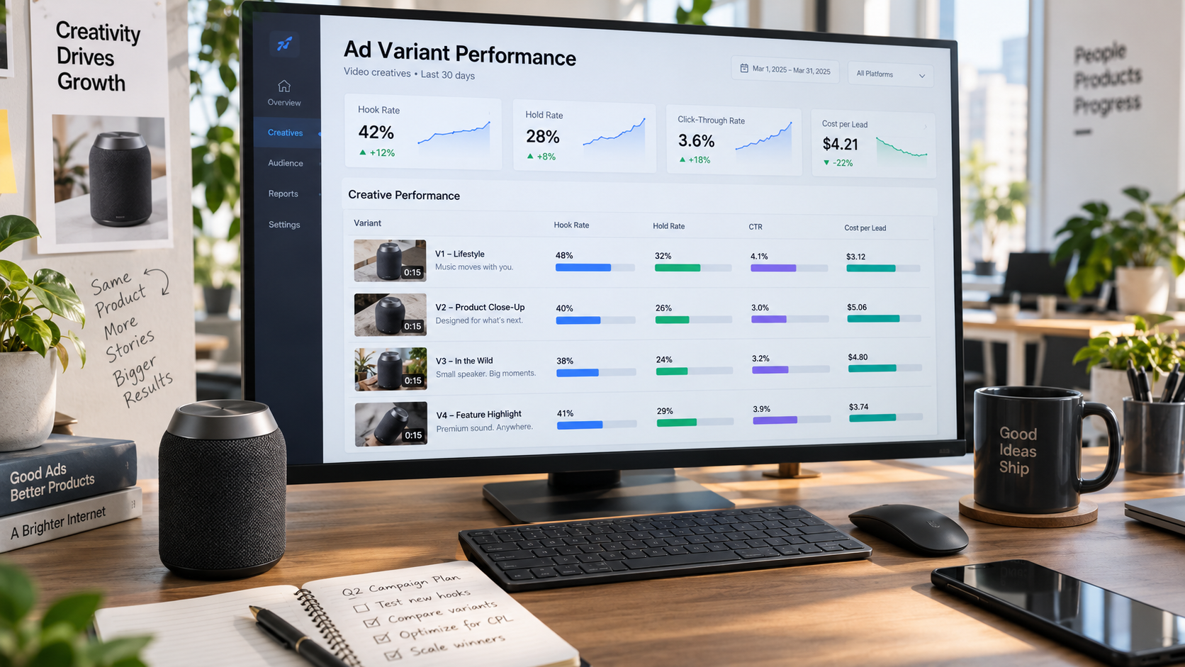 Product video ad performance dashboard comparing hook rate, hold rate, click-through rate and cost per lead