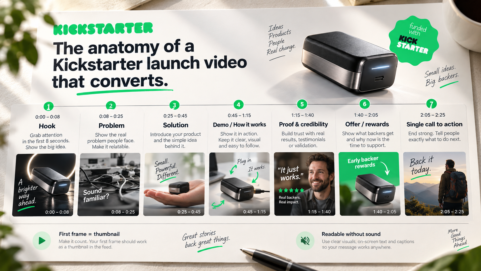 Seven-beat Kickstarter launch video timeline from hook to call to action