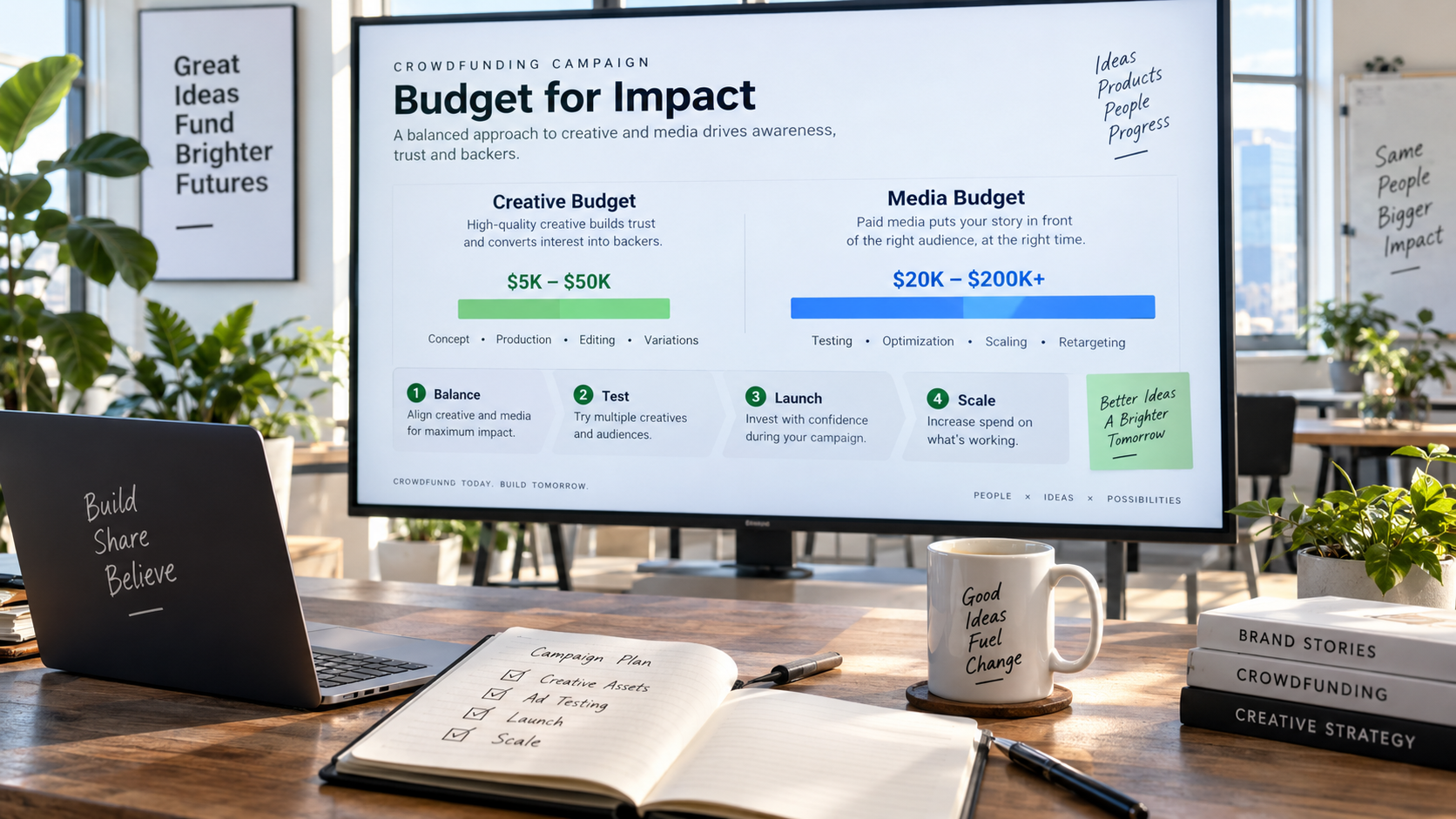 Crowdfunding campaign creative budget compared with paid media budget and scaling stages