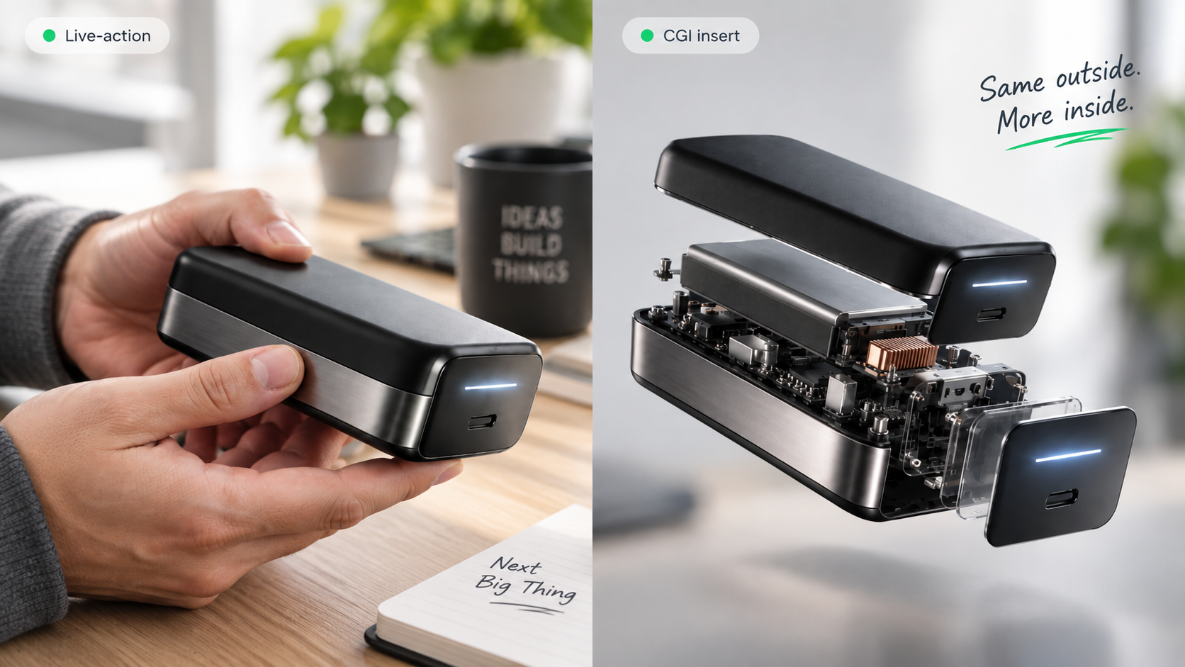 Live-action product footage beside a CGI exploded view showing internal components