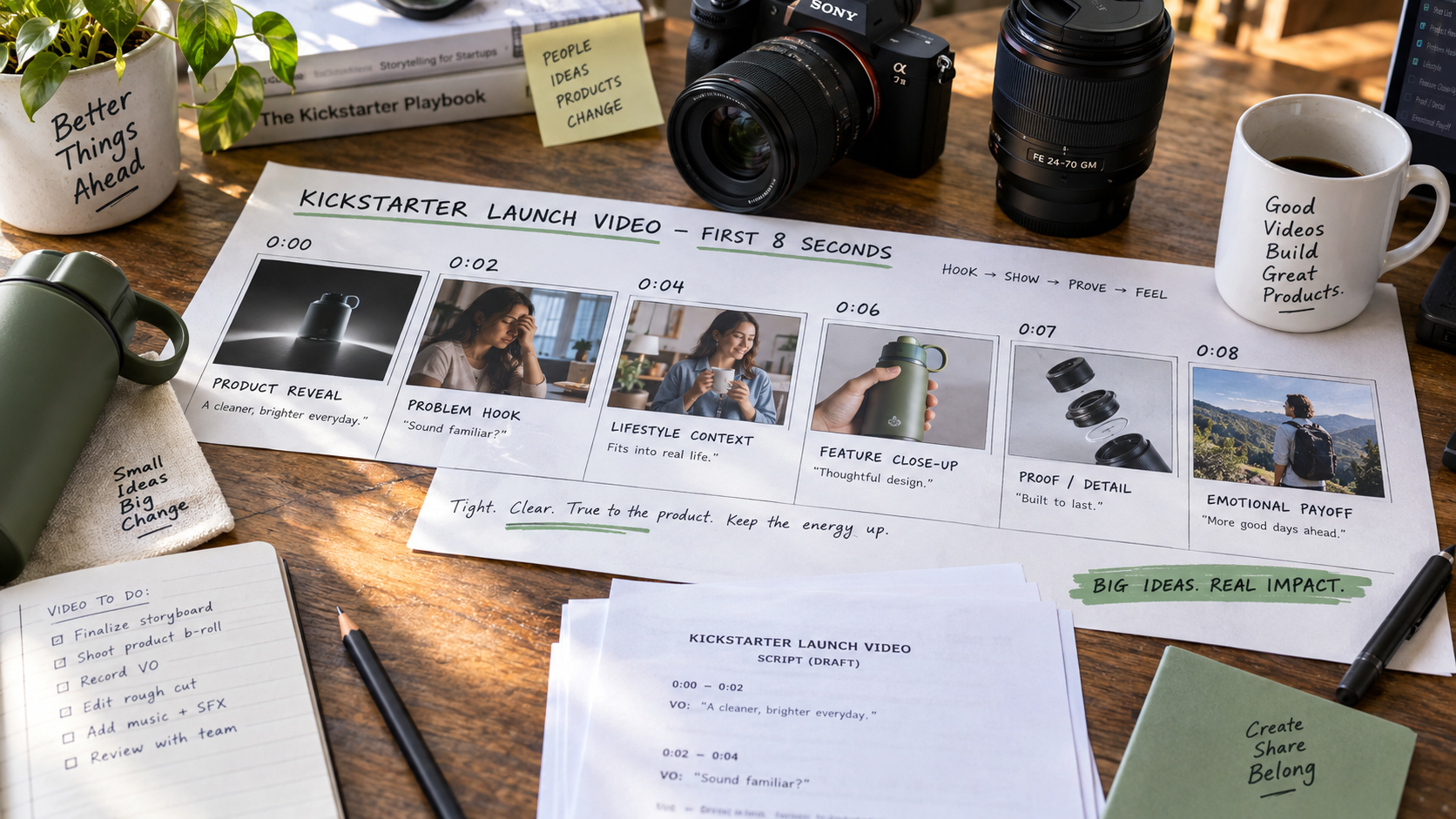 Kickstarter launch video storyboard mapping the first eight seconds from product reveal to emotional payoff