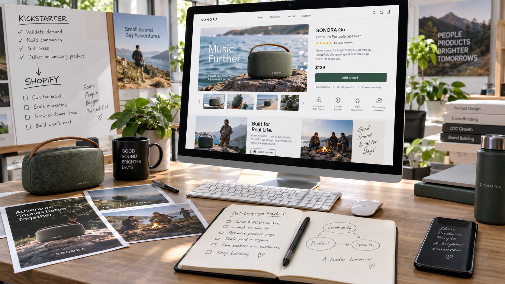Kickstarter to Shopify transition showing a post-campaign ecommerce product page and reusable launch assets