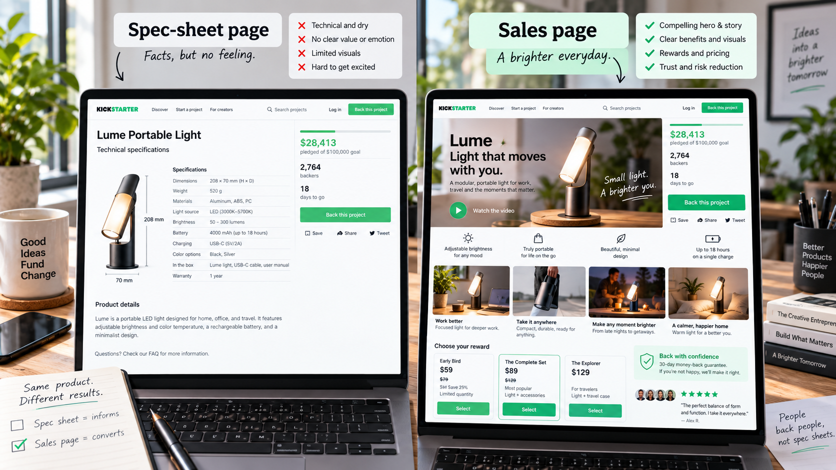 Kickstarter spec-sheet page compared with a visual sales page designed to convert backers