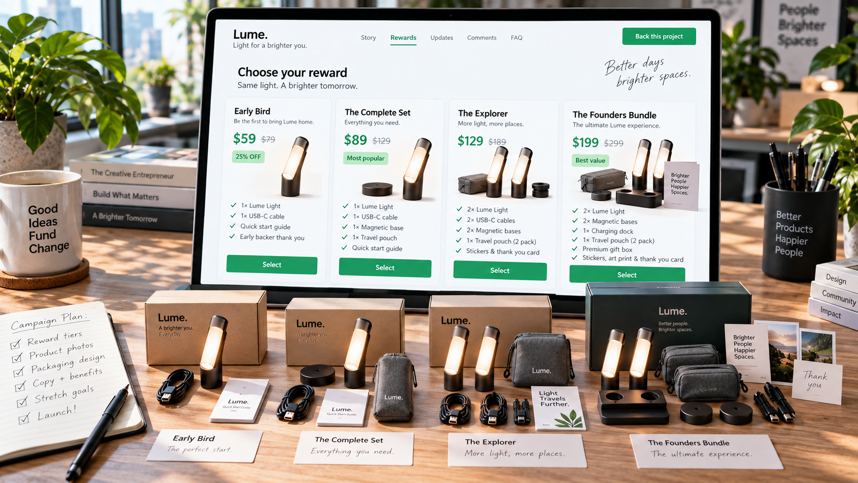 Kickstarter reward tier design showing four visual product bundles and clear pricing