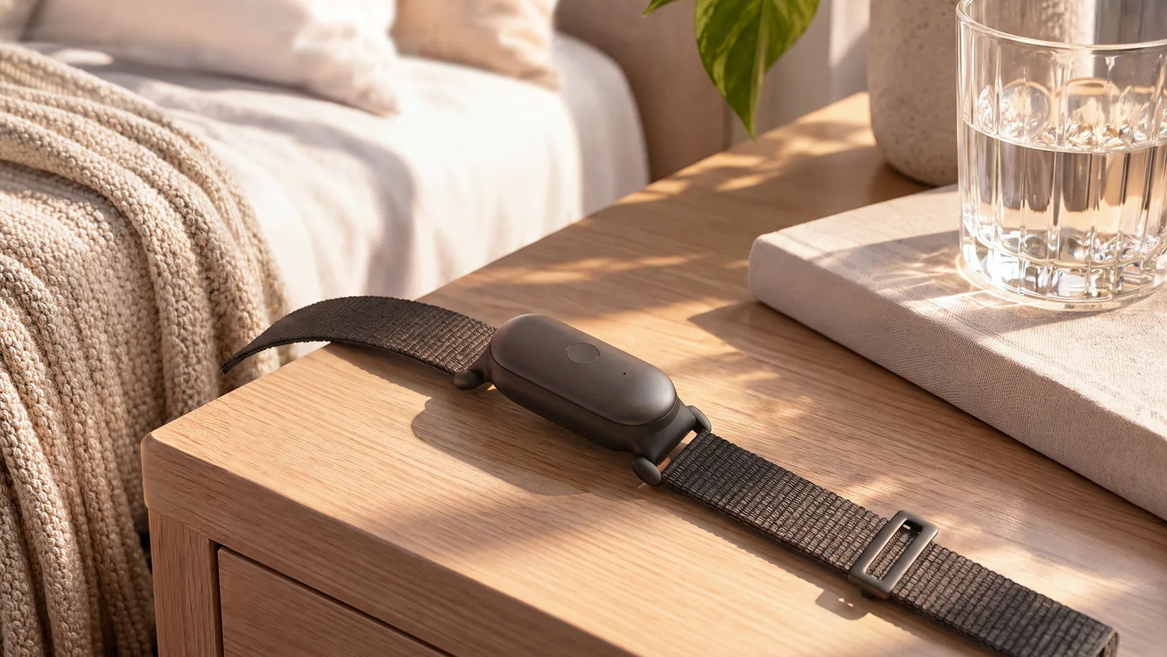 SILO AI wristband resting on a bedside table in morning light – lifestyle CGI