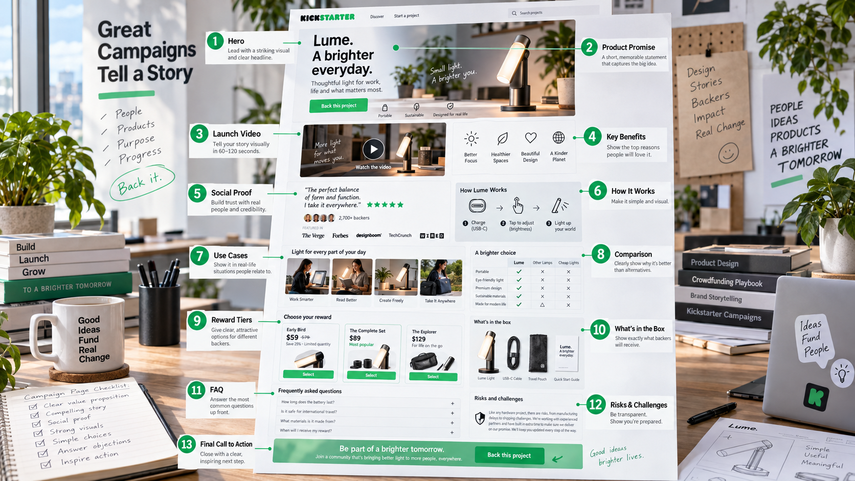 Annotated Kickstarter campaign page structure with thirteen conversion-focused sections