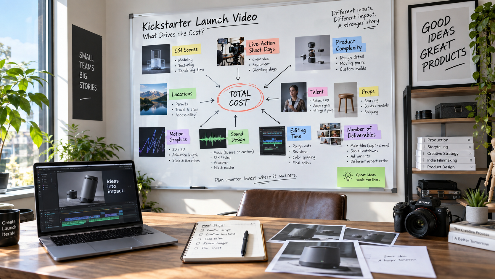 Kickstarter video cost drivers including CGI, filming, locations, talent, sound and editing