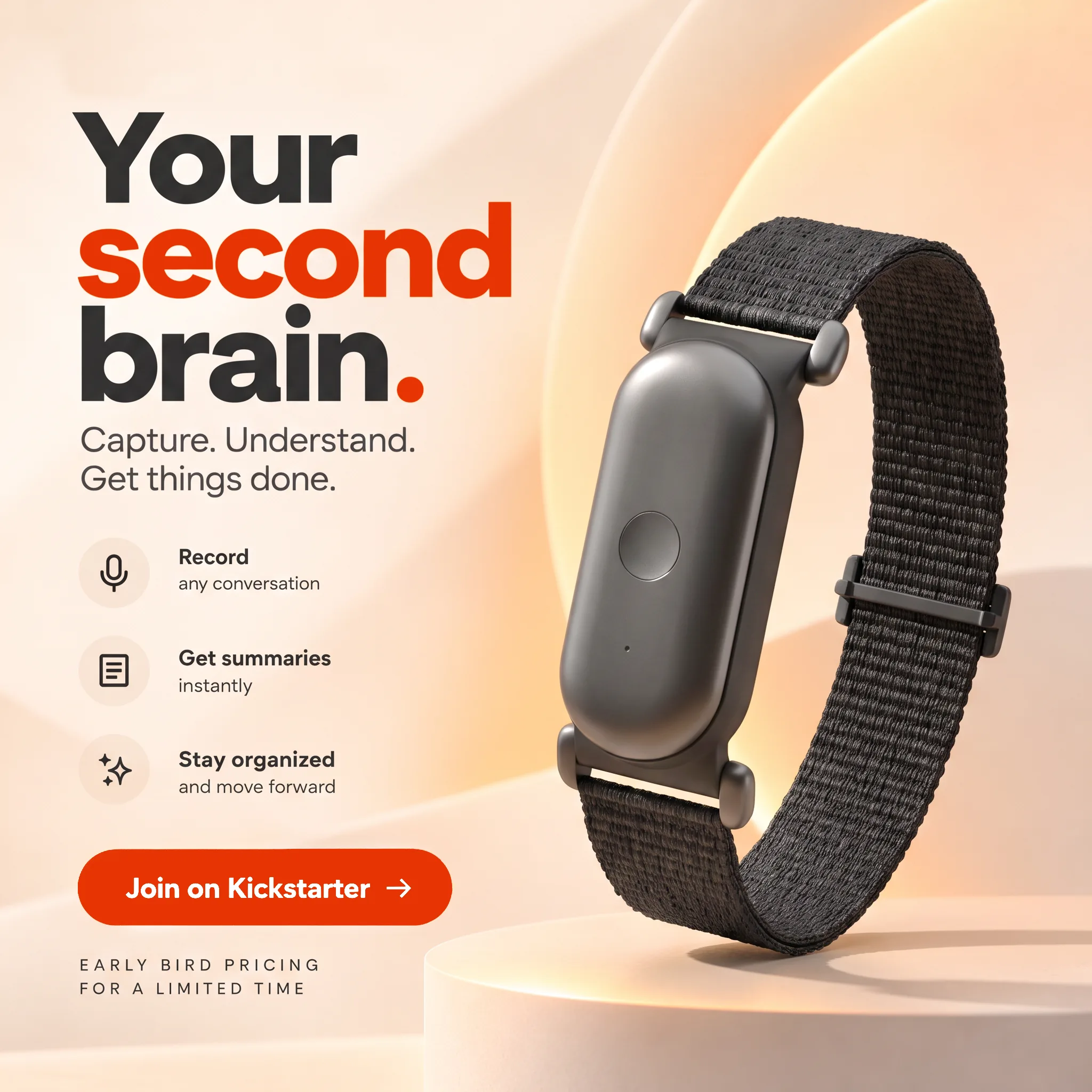 SILO AI "Your second brain" Kickstarter ad with wristband – crowdfunding ad creative
