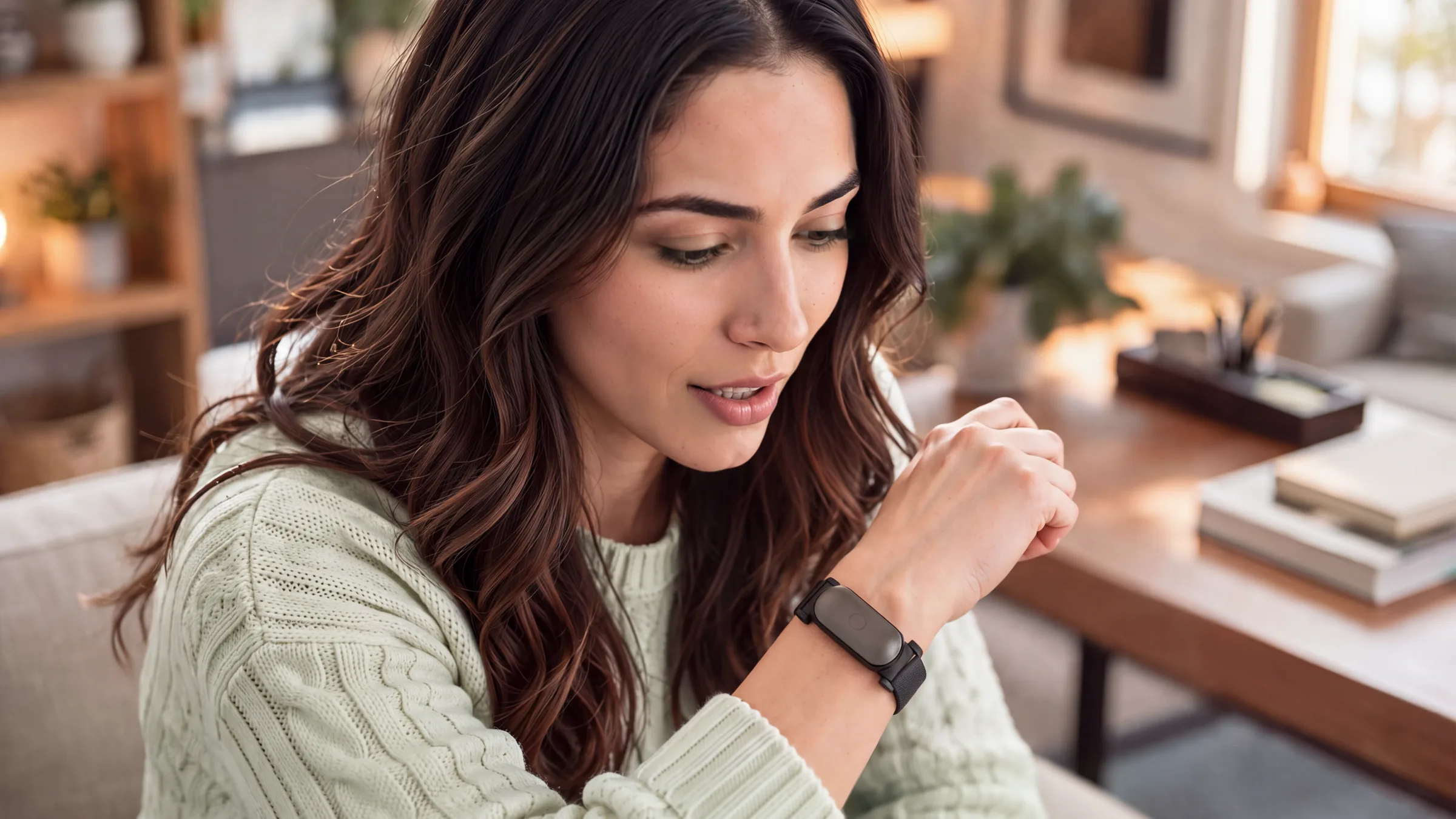 Woman using SILO AI on her wrist while working from home – lifestyle CGI