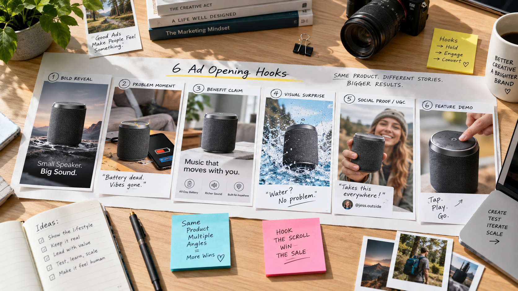 Six product video ad hooks showing reveal, problem, benefit, surprise, social proof and feature demo formats