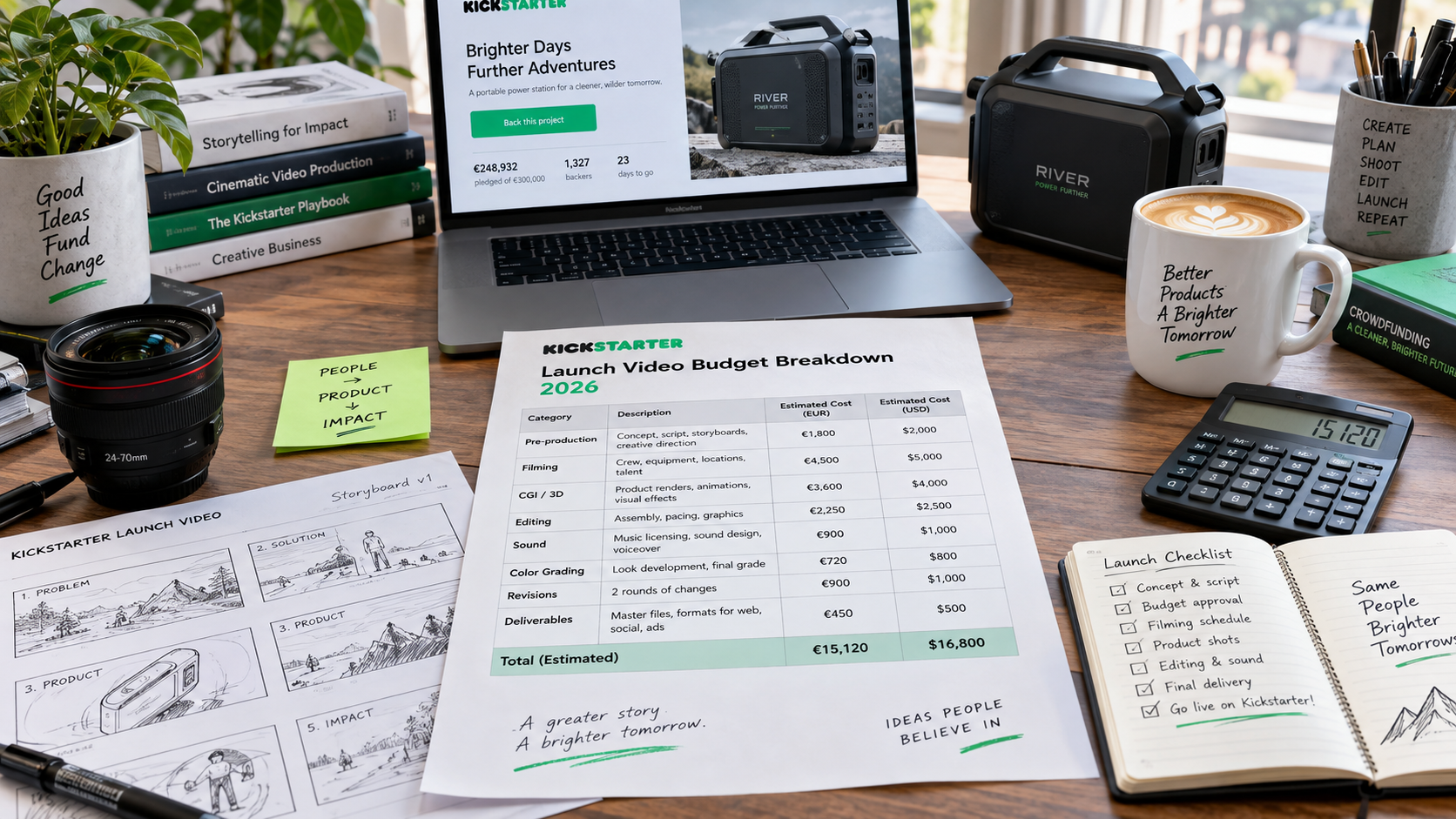 Kickstarter video cost breakdown for a 2026 crowdfunding campaign on a production studio desk