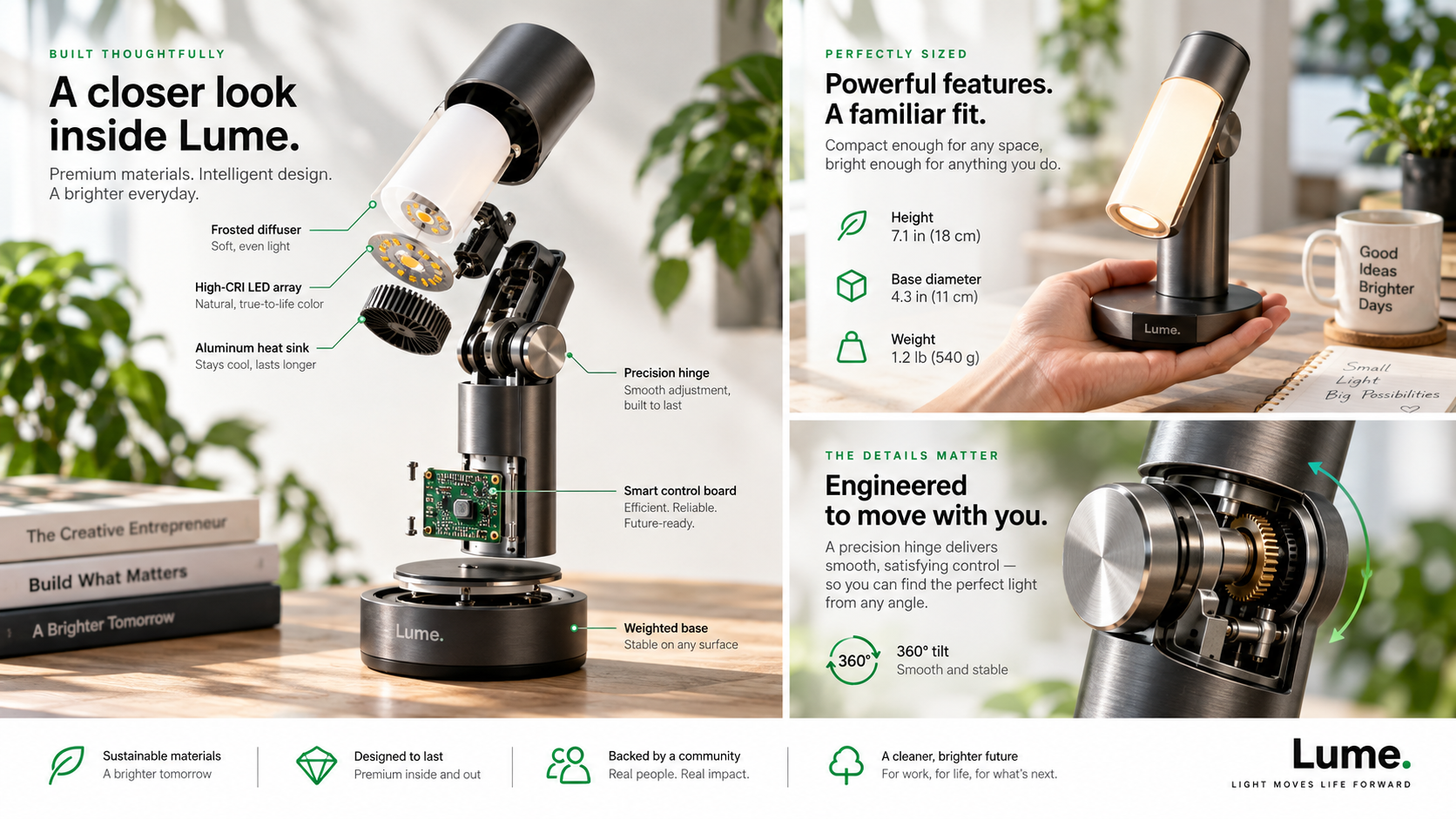 CGI product visualization showing an exploded view, dimensions and mechanism details for a Kickstarter page